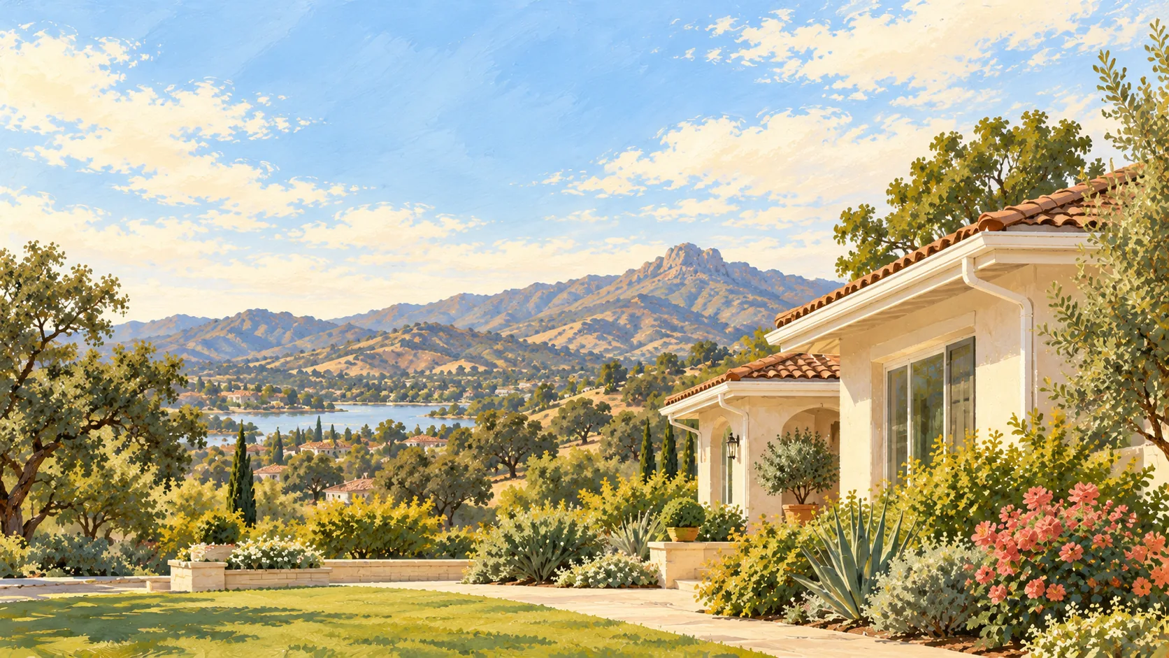 Illustration: a Mediterranean home with white gutters above Westlake Lake, oak hills and Boney Mountain.