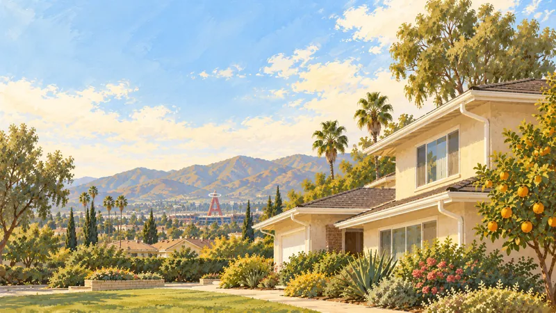 Illustration: a two-story stucco home with white gutters and an orange tree, the Angel Stadium "A" and hills behind.