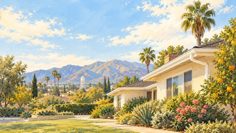 Illustration: a Valley ranch house with white gutters and an orange tree, a studio water tower and mountains behind.