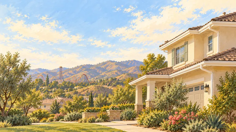 Illustration: a two-story stucco home with white gutters, chaparral hills and roller coasters in the distance.