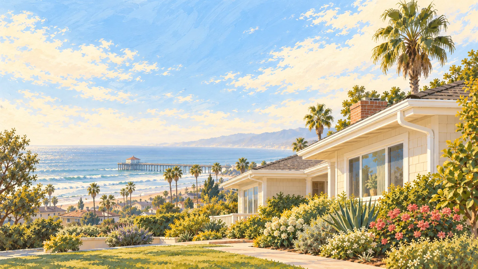 Illustration: a beach cottage with white gutters above the Manhattan Beach Pier and the Pacific.