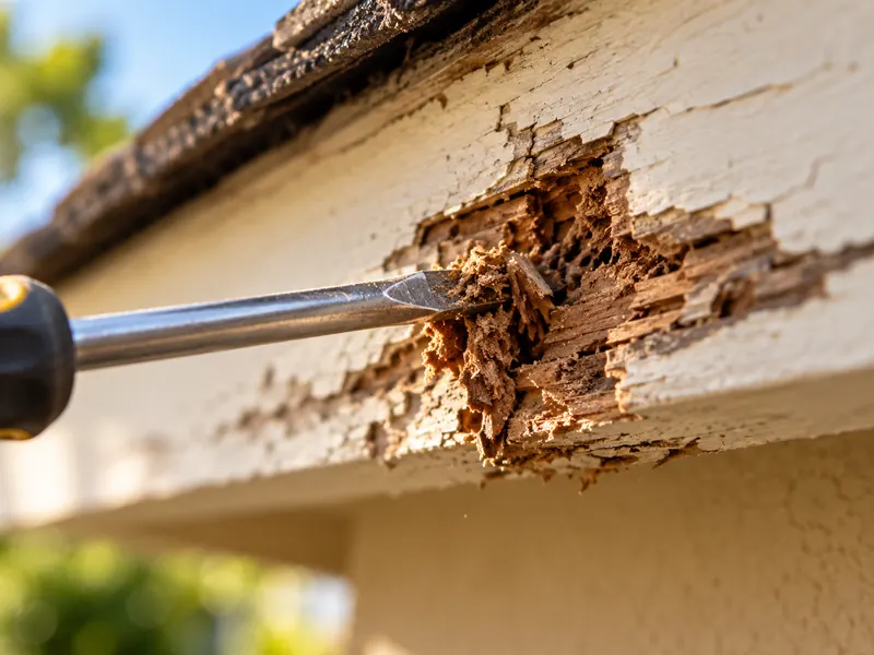 A screwdriver sinking into soft, rotted fascia wood.