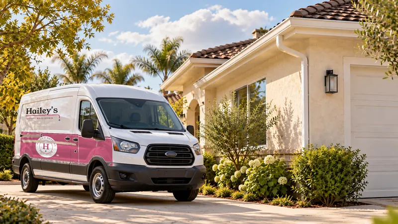 Hailey's Gutters work van in rose and white, parked in a client's driveway.